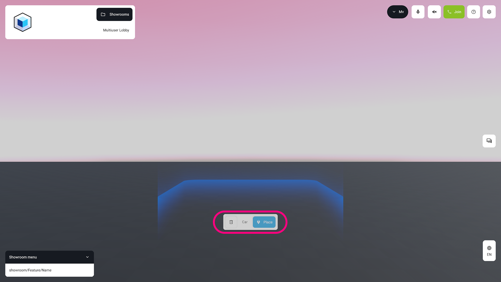 A virtual room with the 3D model placement mode active