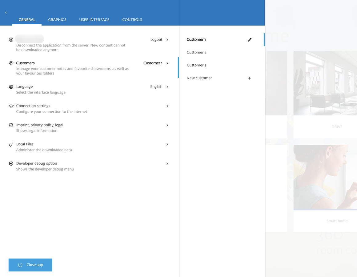Customer selection in the settings panel