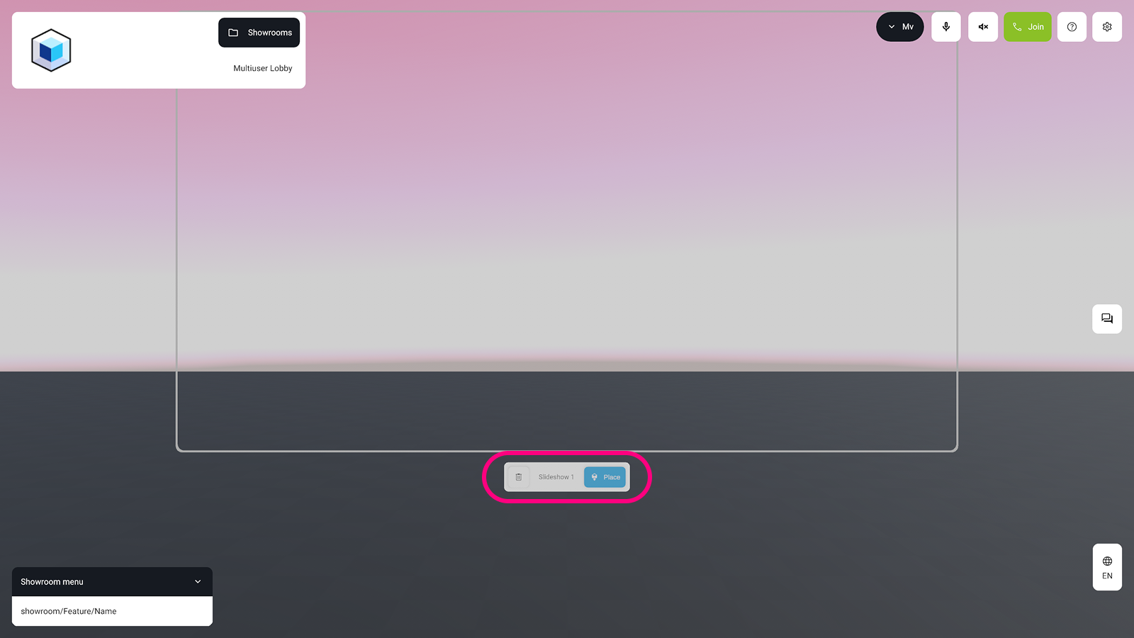 A virtual room with the slideshow placement mode active