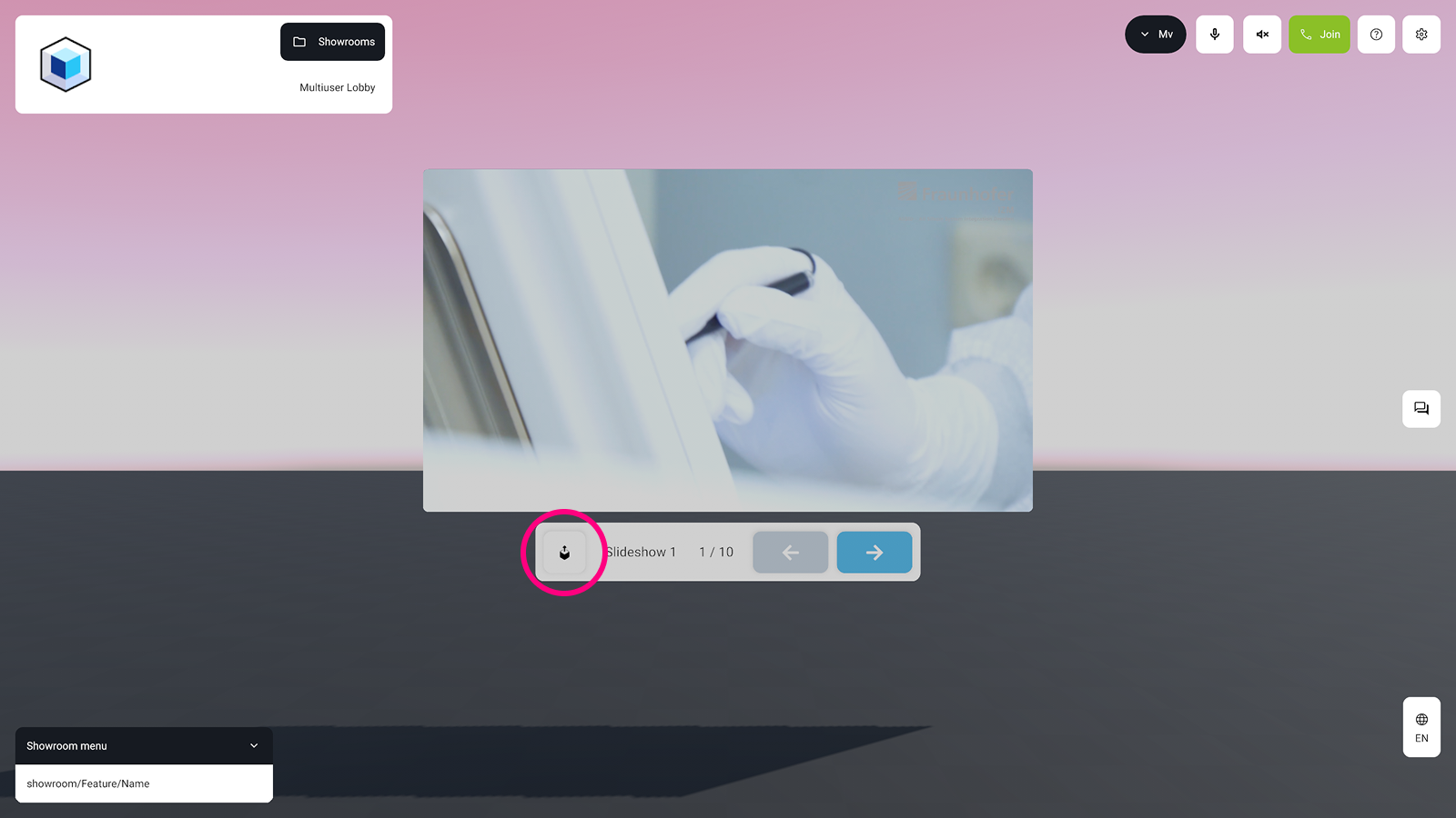 The pick-up button for repositioning a slideshow