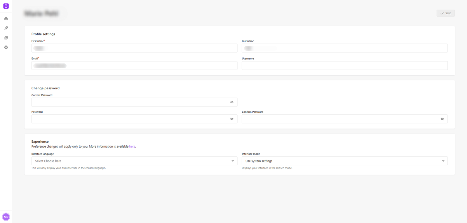 The User Profile page with personal information and display settings.
